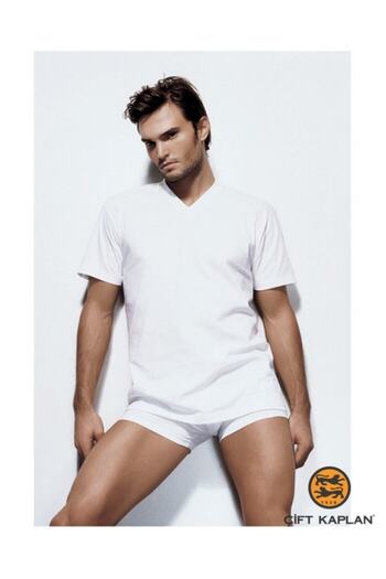 Çift Kaplan Men's White 3-Piece Single Jersey V-Neck T-shirt Undershirt 945