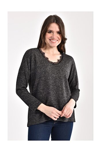 Seamoda V-Neck Lace Blouse Anthracite