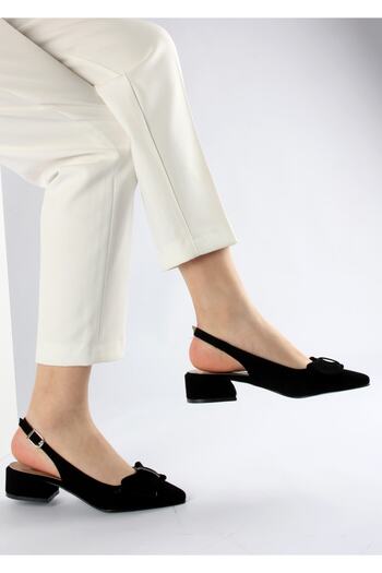FORS SHOES Women's Black Nubuck Bow Open Back Heeled Shoes