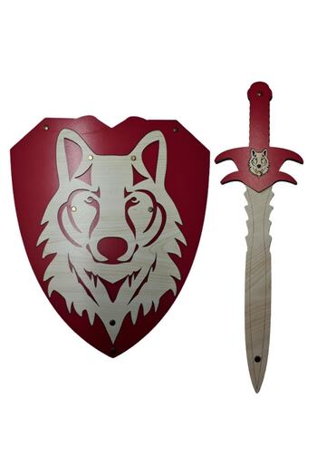 Ahtek Wooden Toy Set of 2, Wolf Headed Sword and Shield, Red