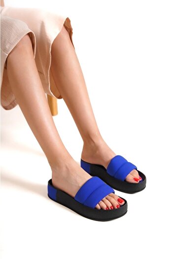 Capone Outfitters Capone Quilted Banded Colorful Detailed Wedge Heel Matte Satin Saks Blue Women's Slippers