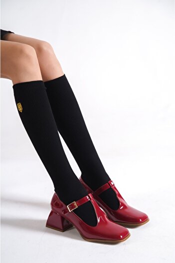 Capone Outfitters Capone Patent Leather Blunt Toe T-strap Medium Heeled Claret Red Women's Shoes