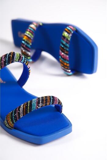 Capone Outfitters Capone Blunt Toe Stone Strapped Flat Heeled Saks Blue Women's Slippers