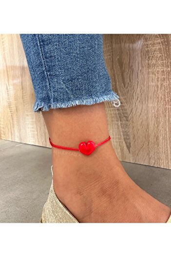 Atelier Çağla Red Murano Glass Heart Rope Anklet