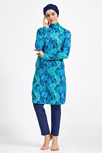MEBA Long Sleeve Lycra Fully Covered Hijab Swimsuit Blue Light Navy Blue