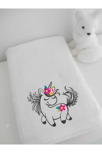 Ursa White Children's Towel with Unicorn Embroidery