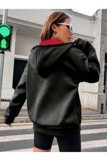 Machetta Unisex Black Color Zippered Red Brooklyn Printed 3 Thread Fleece Cardigan / Jacket