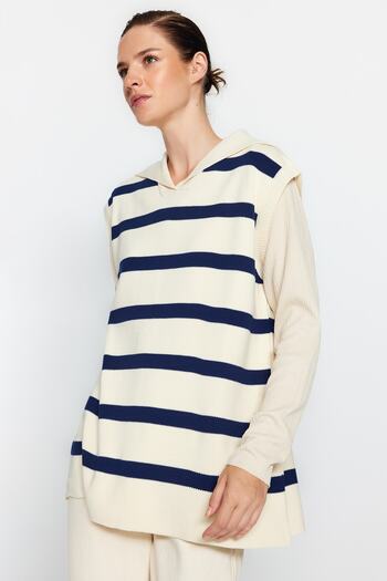 Trendyol Modest Ecru Sailor Neck Striped Knitwear Sweater TCTAW24UV00034