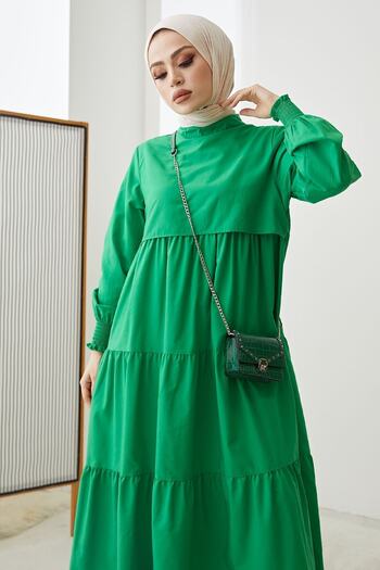 InStyle Single Layer Detailed Casual Hijab Dress - Green