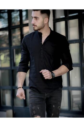 MODA FINE Černý límeček Slimfit Lněná košile na tři knoflíky