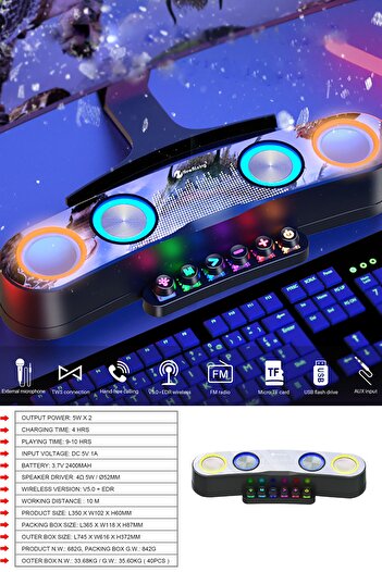 TECHNOMEN Gaming (Gamer) Oyuncu Hoparlör Wireless Bluetooth 5.0 RGB