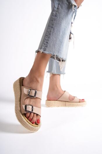 Modabuymus Marta Nude Color Genuine Leather Double Banded Thick Sole Daily Slippers