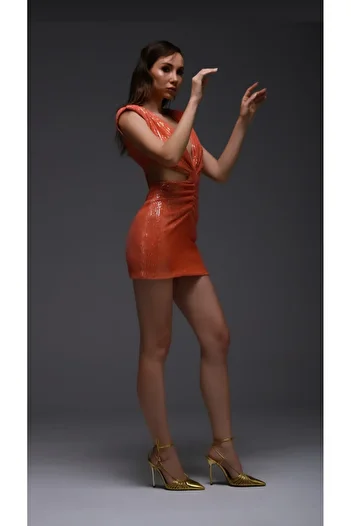 Gira official Orange Mini Dress - Sequined and Cut Out Detail