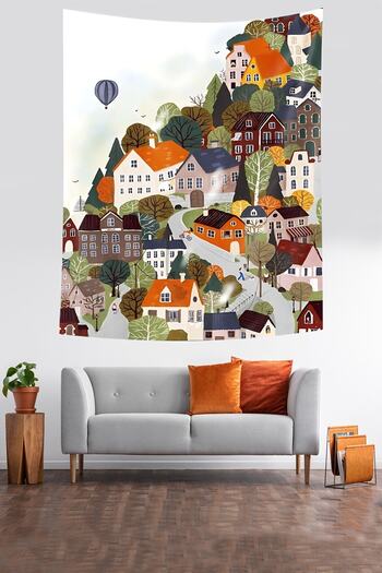 on the clouds Sequential Houses Themed Calm City Stain Resistant Fabric Wall Cloth Wall Carpet Tapestry