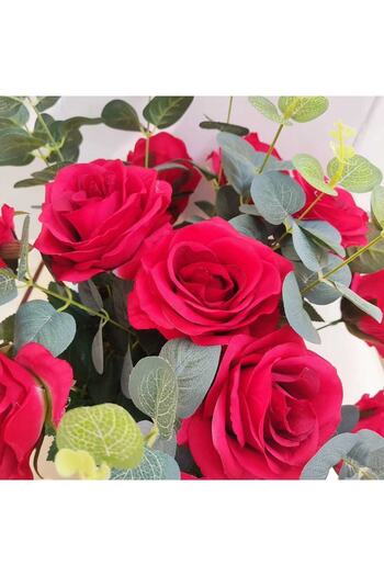 Cennet Home Red Rose Arrangement, Gift for Lover, Eucalyptus Detailed Artificial Flower in a Bright White Mica Pot