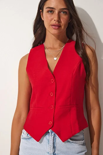 Happiness İstanbul Women's Red V-Neck Stylish Ayrobin Vest TO00067