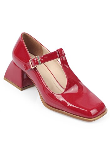 Capone Outfitters Capone Patent Leather Blunt Toe T-strap Medium Heeled Claret Red Women's Shoes