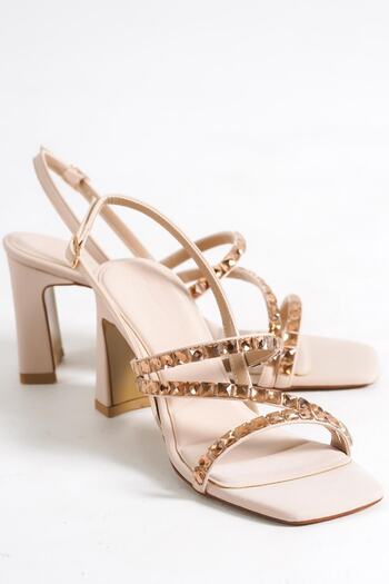 Capone Outfitters Capone Blunt Toe Stone Three Stripes Medium Heel Matte Satin Beige Women's Sandals