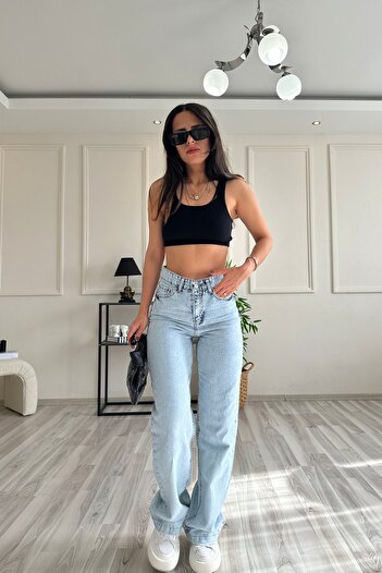MAKRAS EXCLUSIVE Lisa 90's Snow Wash Blue Vysoký pas Lycra Volné džíny Palazzo Kalhoty