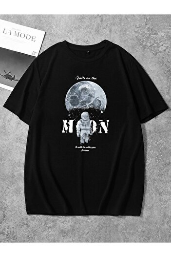 Machetta SpaceMan 'Moon' Μπροστινό εμπριμέ Oversize Crew Neck Καλοκαιρινό βαμβακερό μαύρο μπλουζάκι