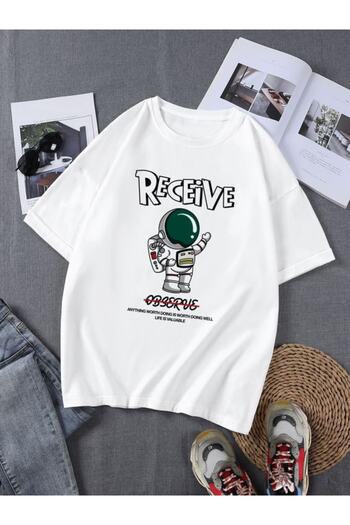Machetta Recieve 'Men-Astronaut Printed Oversize Crew Neck Καλοκαιρινό βαμβακερό λευκό μπλουζάκι
