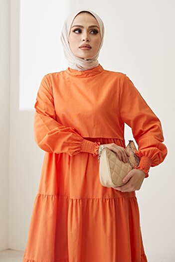 InStyle Single Layer Detailed Casual Hijab Dress - Orange