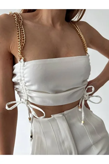 FASHION COCKTAIL Сексуальна нічна коктейльна комбінація - подвійні золоті ремінці на ланцюжку, бічна блузка-кроп з усадкою