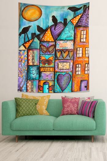 on the clouds Side by Side Sequential Houses Night Birds Flowers Stain Resistant Fabric Wall Cloth Wall Carpet Tapestry