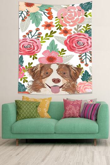 on the clouds Watercolor Flowers and Cute Dog Stain Resistant Fabric Wall Cloth Wall Carpet Tapestry