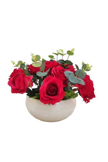 Cennet Home Red Rose Arrangement, Gift for Lover, Eucalyptus Detailed Artificial Flower in a Bright White Mica Pot