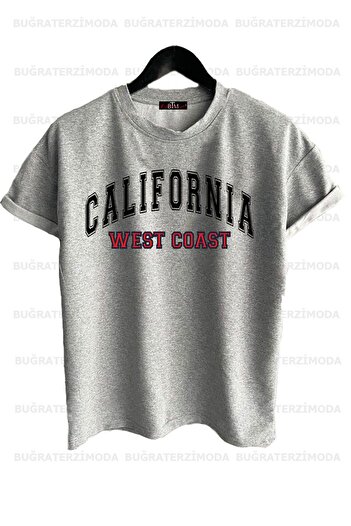 Buğraterzimoda California Printed Unisex Gray Oversize T-shirt