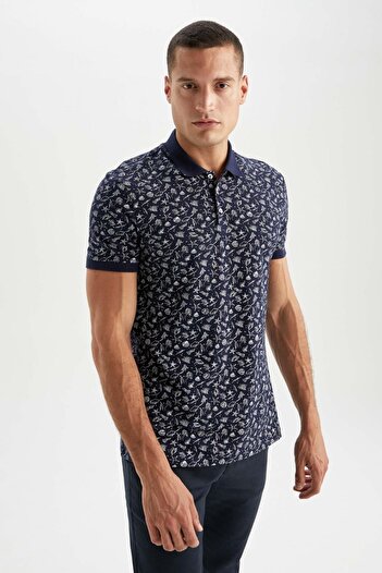 DeFacto Slim Fit Polo Neck Patterned Short Sleeve 100% Cotton T-Shirt