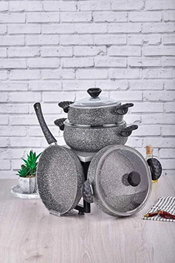 Taç Stone Chubby 7 Piece Cookware Set Gray