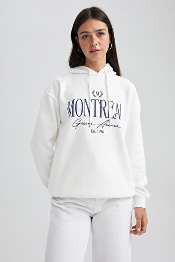 DeFacto Relaxed Fit Hooded Slogan Thick Sweatshirt - A7784Ax23Au