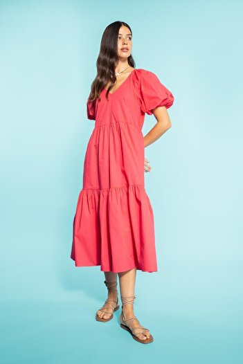 DeFacto Poplin V-Neck Midi Dress - Balloon Sleeve, 100% Cotton A5969ax23sm
