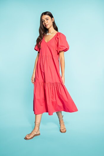 DeFacto Poplin V-Neck Midi Dress - Balloon Sleeve, 100% Cotton A5969ax23sm