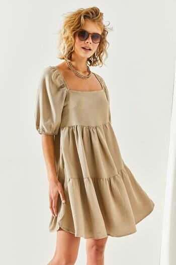 Olalook Women's Camel Square Collar Piece Mini Linen Dress ELB-19001941