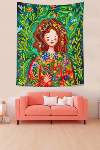 on the clouds Girl in Flowers Relax Mystic Stain Resistant Fabric Wall Cloth Wall Tapestry Tapestry