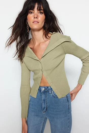 Trendyol Collection Turn-Down Collar Khaki Knitwear Cardigan - TWOAW24HI00284