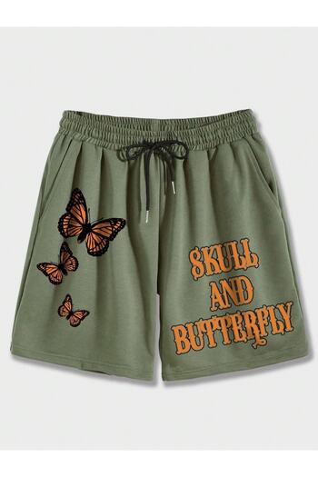 Machetta Khaki Color Skull and Butterfly Printed Comfortable Fit Combed Cotton Shorts - Casual Shorts