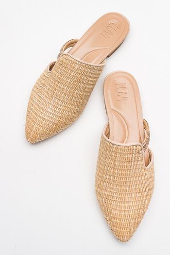 LuviShoes Cream Colored Stone Detailed Straw Women's Slippers - PESA
