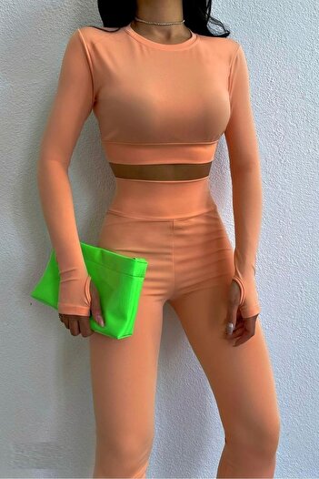 bayansepeti Orange Long Sleeve Crop Leggings Double Set 5036
