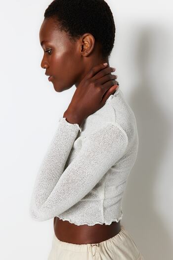 Trendyol Collection Ecru Lurex Knitwear Look High Collar Crop Knitted Blouse TWOAW24BZ00096