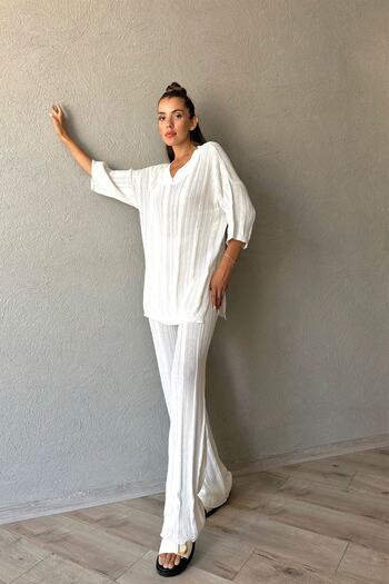 Seda Yalçın Atelier White Openwork Knitwear Pants and Blouse Set