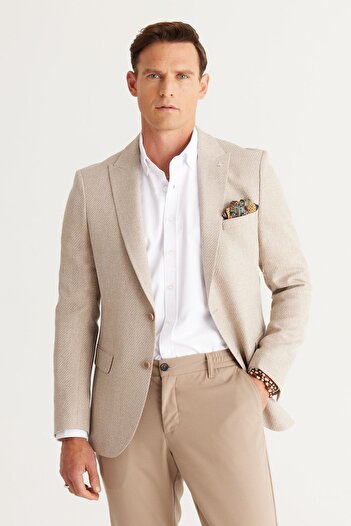 ALTINYILDIZ CLASSICS Men's Beige Slim Fit Slim Fit Swallow Collar Patterned Blazer Jacket