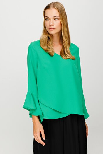 Ekol V-Neck Sleeve Detailed Long Sleeve Green Women's Blouse23105104