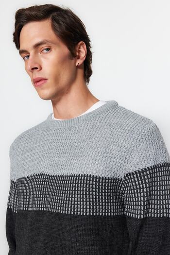 Trendyol Collection Gray Slim Fit Slim Fit Crew Neck Color Block Sweater Tmnaw21Kz0543