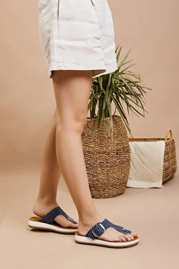 Valmenti Papuci plati Selda Jean din piele naturală pentru damă 