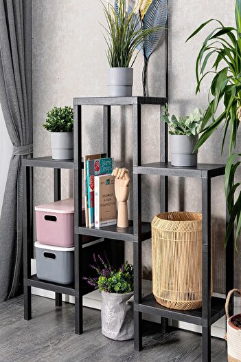 Bayev Shelf Piramit 6 Lı Raf Ünitesi Siyah Çiçeklik Banyo Mutfak Rafı Ayakkabılık Kitaplık Organizer