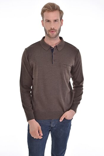 Çizgi Triko Men's Knitwear Black Sweater Polo with Handsome Pockets and Elastic Sleeves Steel Knit